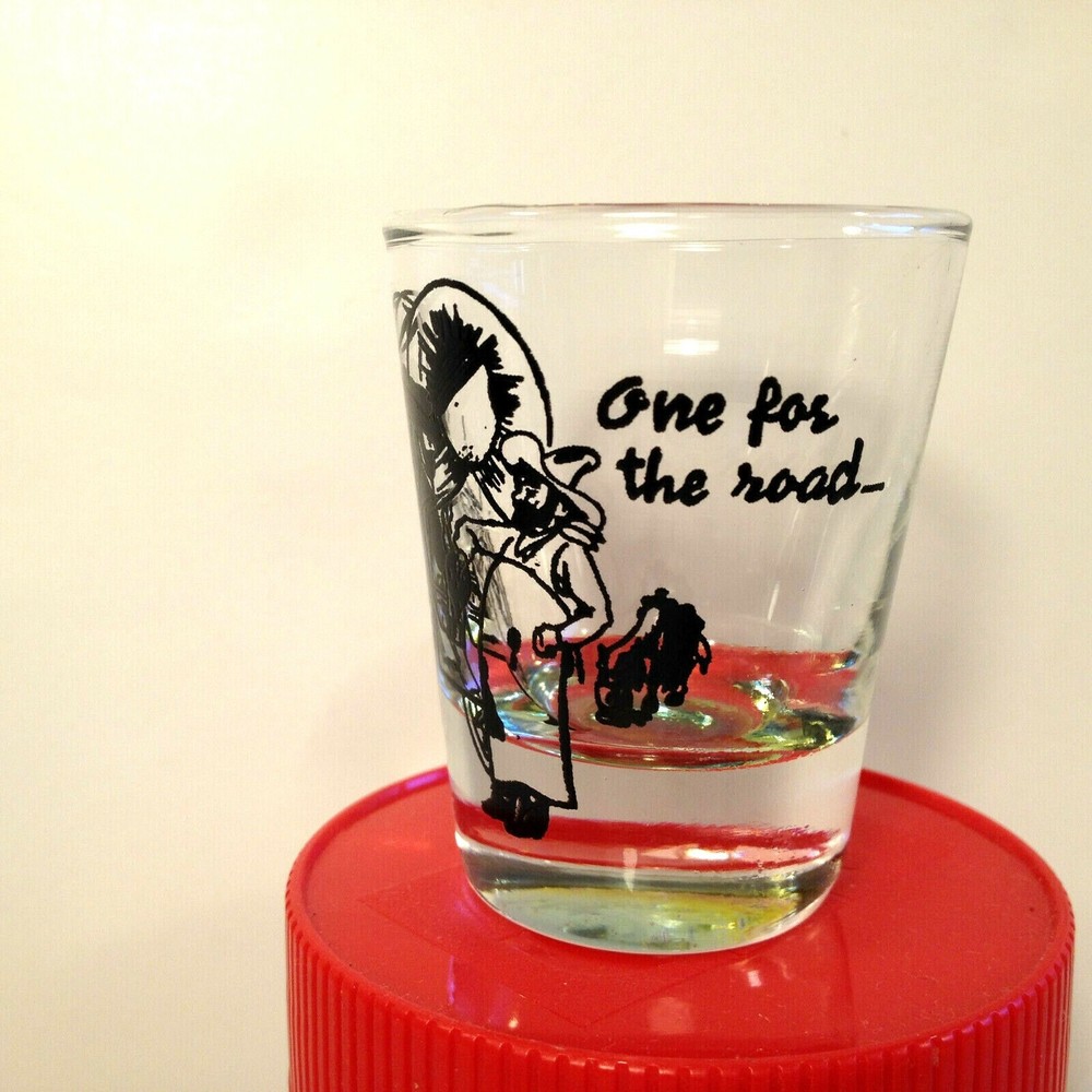 Vintage Collectible One For the Road Shot Glass Cowboys & Wagon Clear Glass